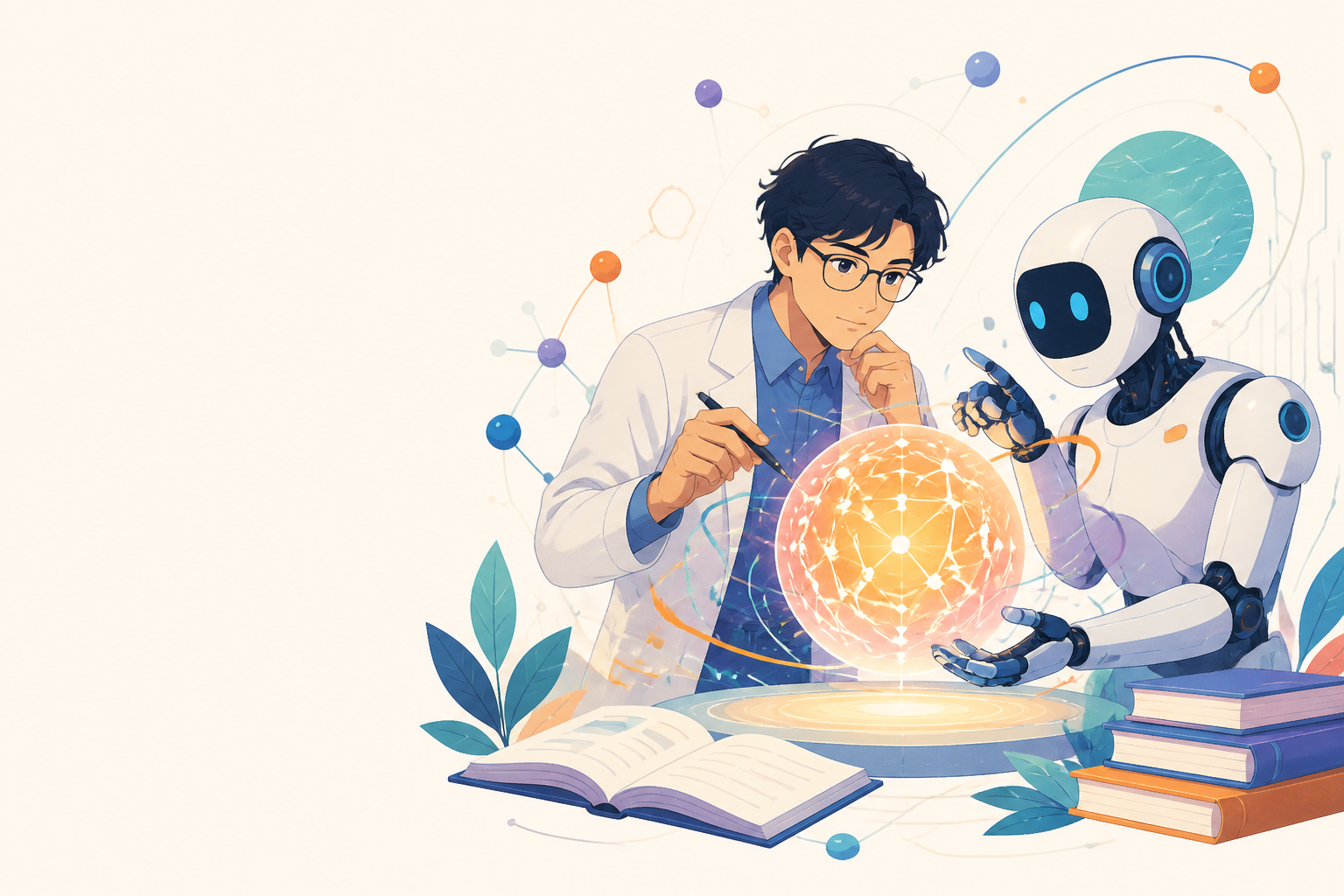 An illustrated researcher and robot exploring science together
